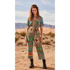 Farm Rio Banana Scarves Jumpsuit Tropical Print Soft Fluid Belted 1-Piece L